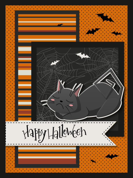矢量插图与设计模板的万圣节活动旗帜与详细的明亮的黑猫，蝙蝠，蜘蛛网和快乐的万圣节手写标签图片下载