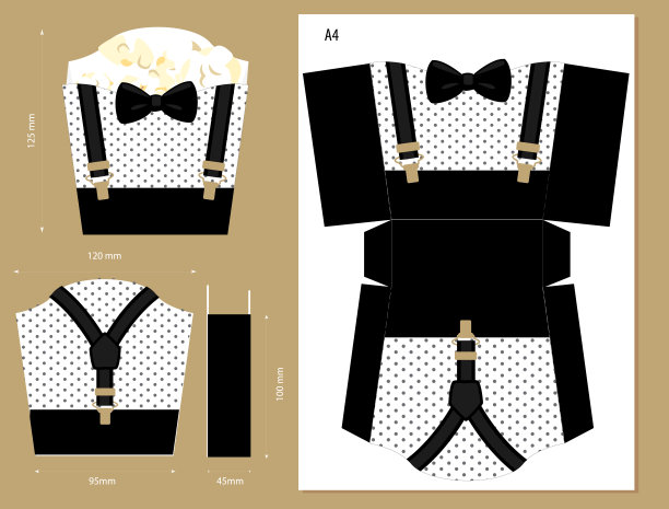 可打印矢量盒的甜食或炸薯条。黑色，金色的背带和蝴蝶结。图片下载