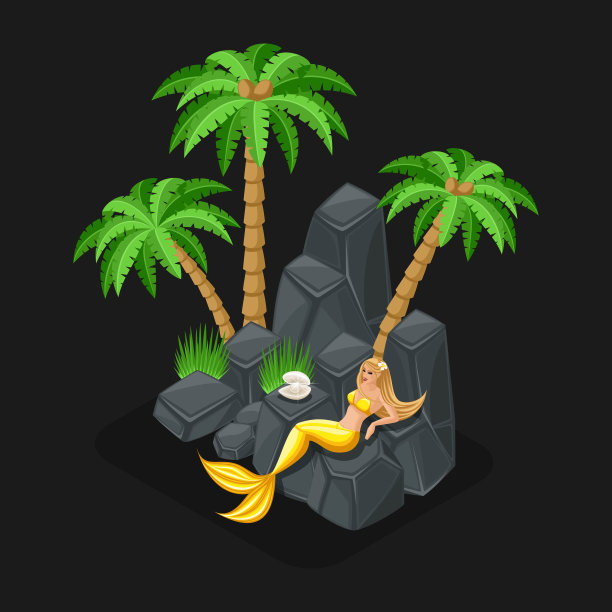 游戏的等角概念是一个卡通人物与童话故事，一个美人鱼守护一颗珍珠，一个女孩，大海，岛屿，石头。矢量图图片下载