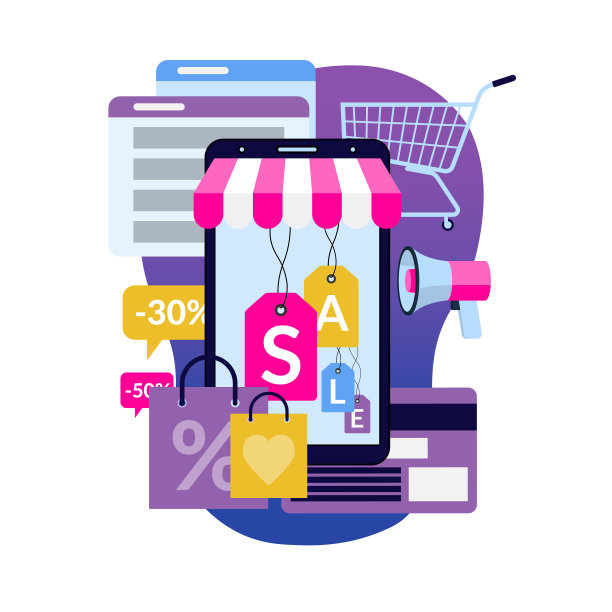 通过智能手机进行网上购物。移动营销、电子商务和广告的平面风格概念。矢量图图片下载