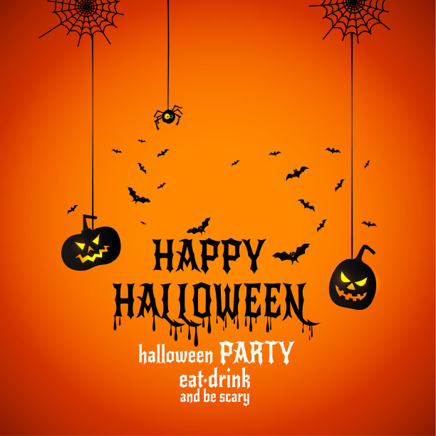 万圣节短信横幅快乐，矢量与蜘蛛在明亮的背景。图片下载