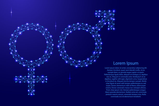 标志男性和女性火星和金星从未来的多边形蓝线和发光的星星横幅，海报，贺卡。矢量插图。图片下载