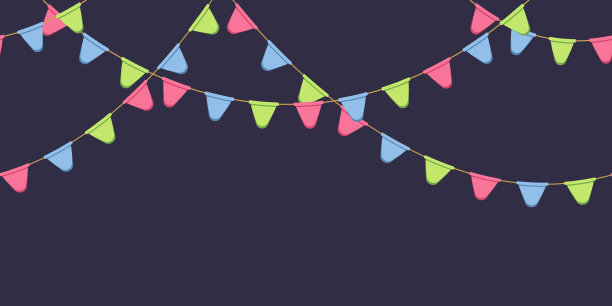 无缝花环与庆祝旗链，粉红色，蓝色，绿色圆形旗在黑暗的背景，脚和旗帜装饰图片下载