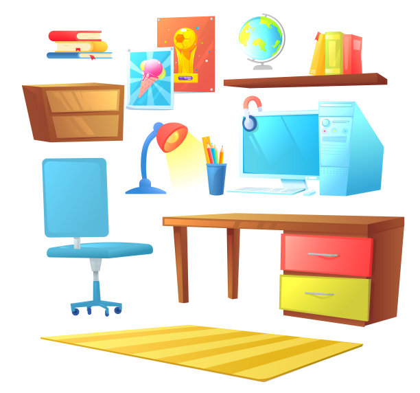 工作间室内设计设置对象。有床，有办公桌，有电脑，有架子图片下载