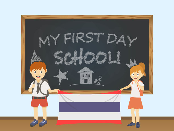 彩色微笑的孩子们，男孩和女孩，在学校董事会的插图后面举着泰国国旗。第一天上学的矢量卡通插图图片下载
