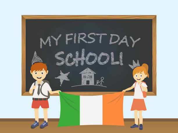 彩色微笑的孩子们，男孩和女孩，在学校董事会的插图后面举着爱尔兰国旗。第一天上学的矢量卡通插图图片下载