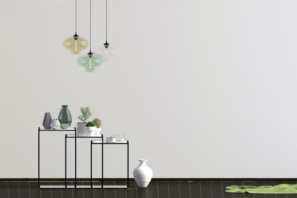 现代内饰，有衣架、海报和灯具。海报的模拟。三维演示图片下载