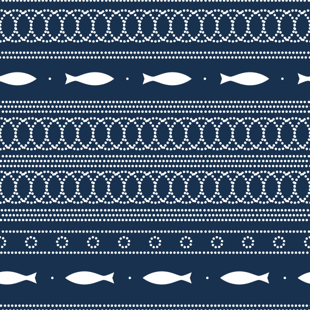 圆点和鱼点缀几何无缝蓝白，矢量图案图片下载
