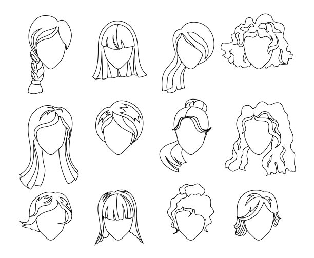 发型轮廓。女人，女孩，女人的头发，脸为涂色书。美丽向量，扁平的虚拟形象图片下载