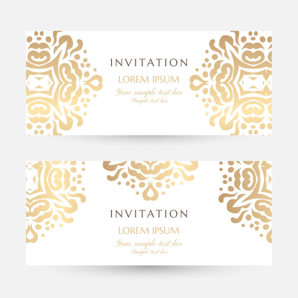 邀请模板。封面设计与金饰和白色背景。带有复制空间的矢量装饰水平薄片。图片下载