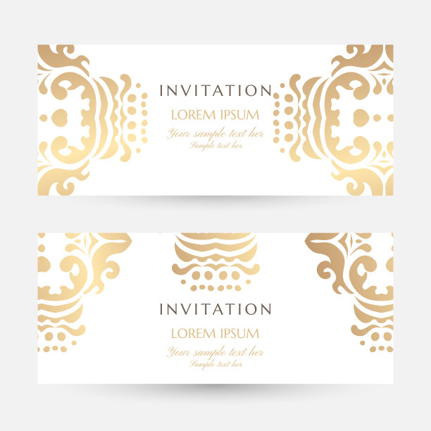 邀请模板。封面设计与金饰和白色背景。带有复制空间的矢量装饰水平薄片。图片下载