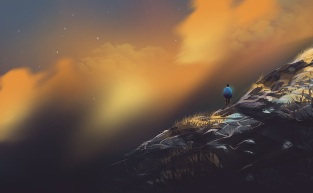 日落时分站在高山上的徒步男子数字艺术插画设计图片下载
