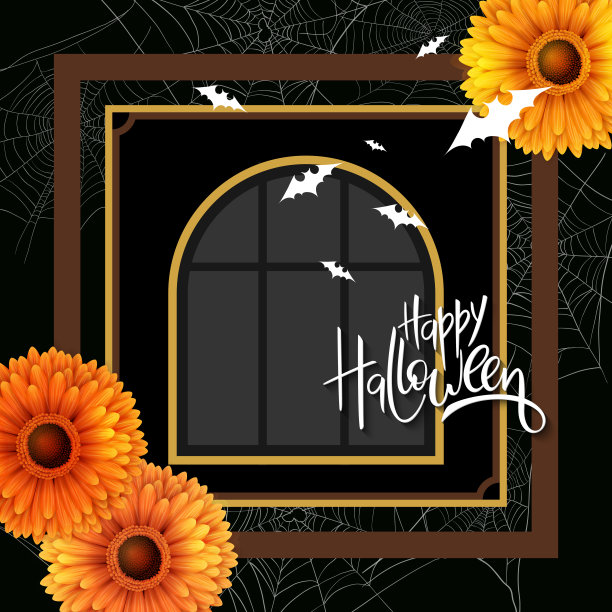 矢量插图与设计模板的万圣节活动旗帜与详细明亮的非洲菊，蝙蝠，蜘蛛网和快乐的万圣节手写标签图片下载