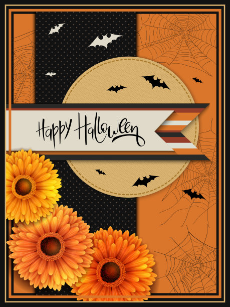 矢量插图与设计模板的万圣节活动旗帜与详细明亮的非洲菊，蝙蝠，蜘蛛网和快乐的万圣节手写标签图片下载