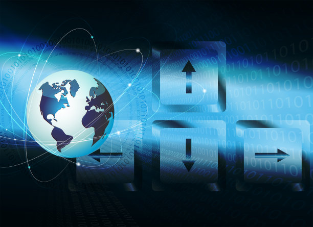 深蓝色的背景与地球的轮廓，键盘键与箭头。图片下载