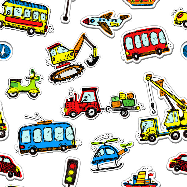 有趣的汽车无缝模式。手绘插图。图片下载