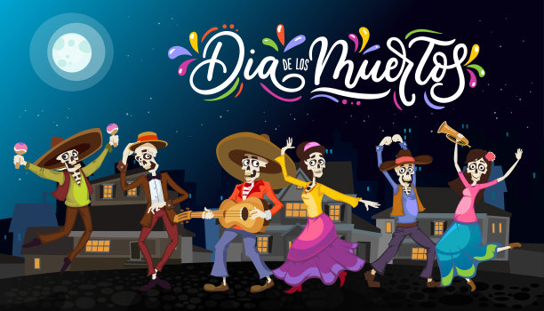 ПечатьDia de los Muertos贺卡的亡灵节。问候v图片下载