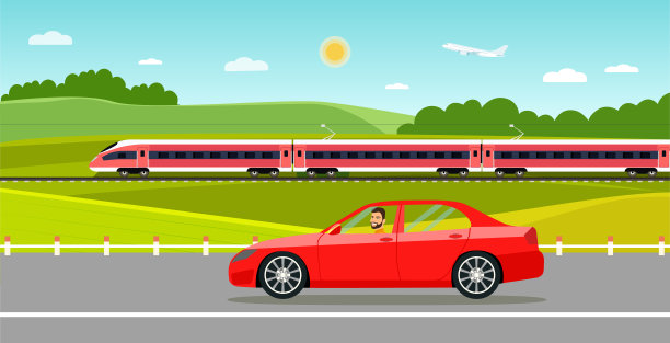 火车上有铁路，汽车上有森林和城市。矢量平面样式插图图片下载