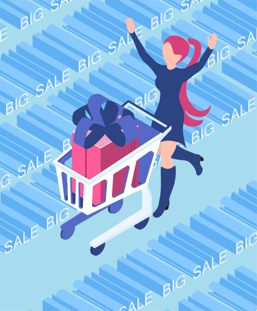 快乐的女人在大折扣购物。商店里的一天。等距三维图片下载