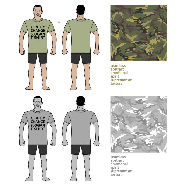 时尚男士身材和t恤设计，无缝迷彩图案图片下载
