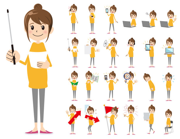 女性特征集。以各种动作呈现。图片下载