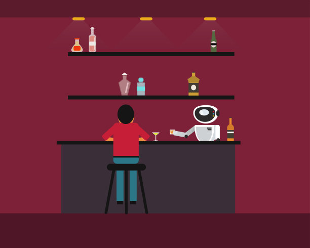 家政机器人调酒师在吧台给一个男人斟酒。图片下载