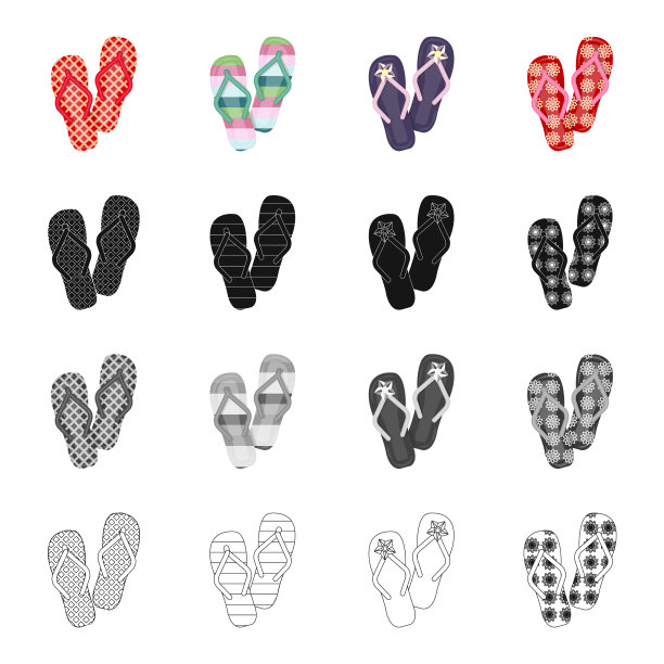 人字拖卡通黑色单色轮廓图标在集合设计。沙滩鞋矢量符号股票网络插图。图片下载