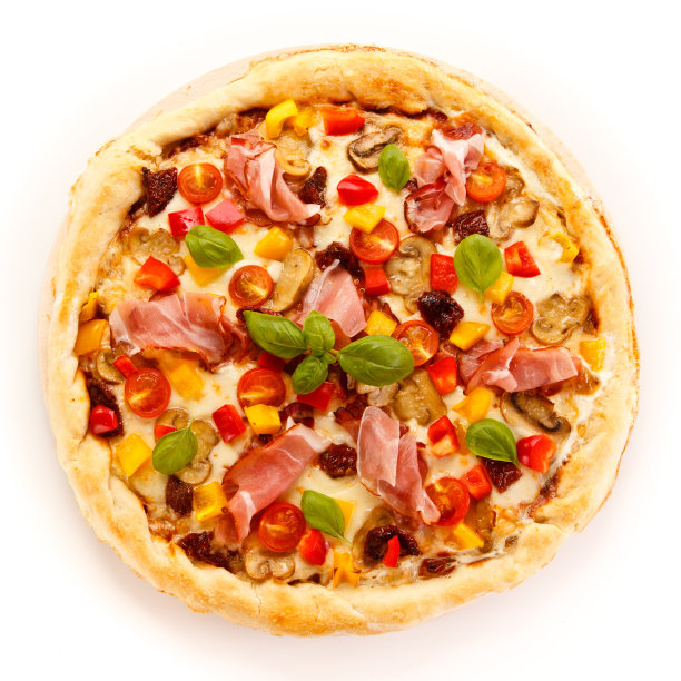 比萨意大利辣香肠配西红柿，火腿和胡椒图片下载