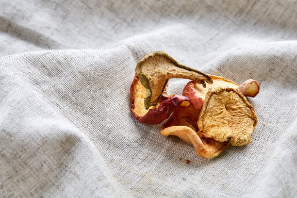 俯视图特写图片上的干苹果轻棉布桌布，选择性的焦点。图片下载