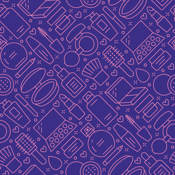 彩妆美容护理用紫粉无缝图案用平线图标。口红，睫毛膏，眼影，粉底指甲油的化妆品插图。可爱的重复壁纸标志组成的商店图片下载