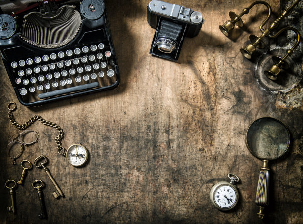 古董打字机，照片，照相机，静物平铺古董色调图片下载