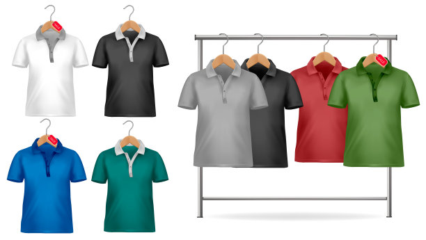 白色和彩色t恤设计模板。挂有价格标签的衬衫的衣架。矢量插图。图片下载
