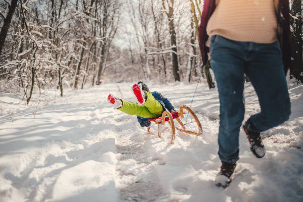 小男孩从雪橇上掉下来图片下载