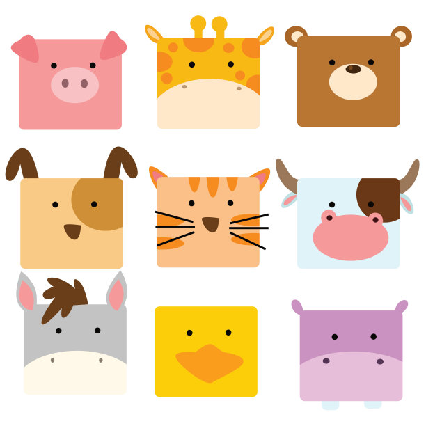 可爱有趣的动物脸猪，长颈鹿，熊，狗，猫，奶牛，驴，鸭子和河马，卡通人物图片下载