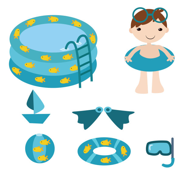 可爱的小男孩穿着蓝色泳衣配着各种游泳器材，卡通人物图片下载