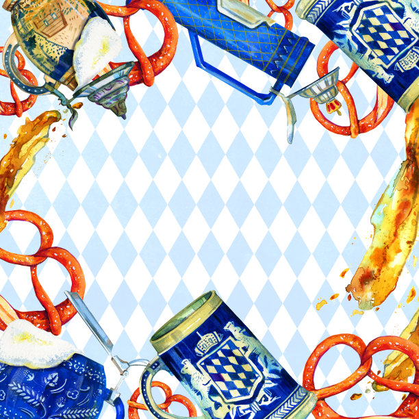 手绘水彩模板插画啤酒节与巴伐利亚啤酒陶瓷杯，brezels和啤酒泼在巴伐利亚旗图片下载