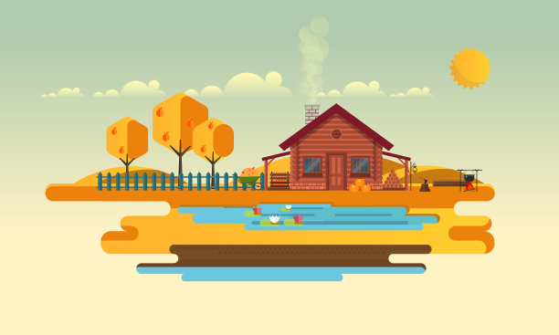 平面矢量景观插图在秋天，与木房子。素材图片