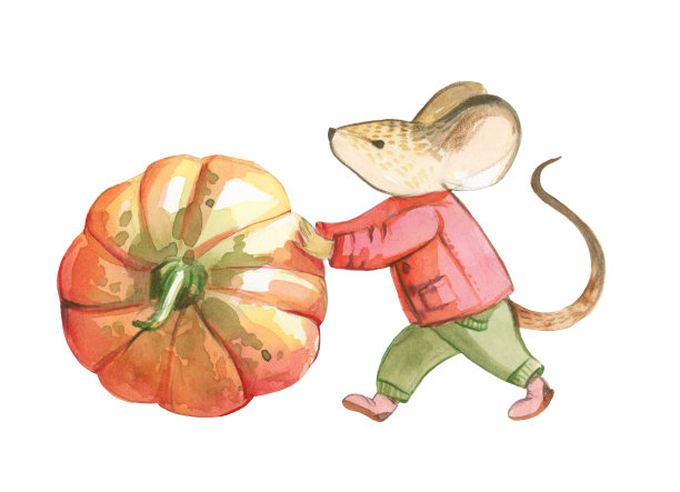 一只穿着红色夹克和绿色裤子的灰色小老鼠碗红色的南瓜图片下载