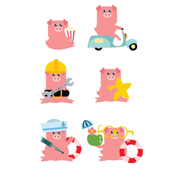 可爱的小胖猪在各种姿势的变化，卡通人物图片下载