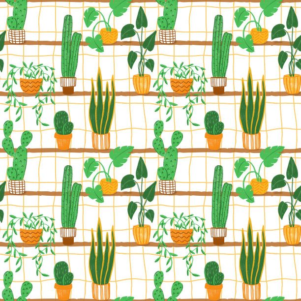 彩色铅笔手绘彩色无缝图案与室内植物。图片下载