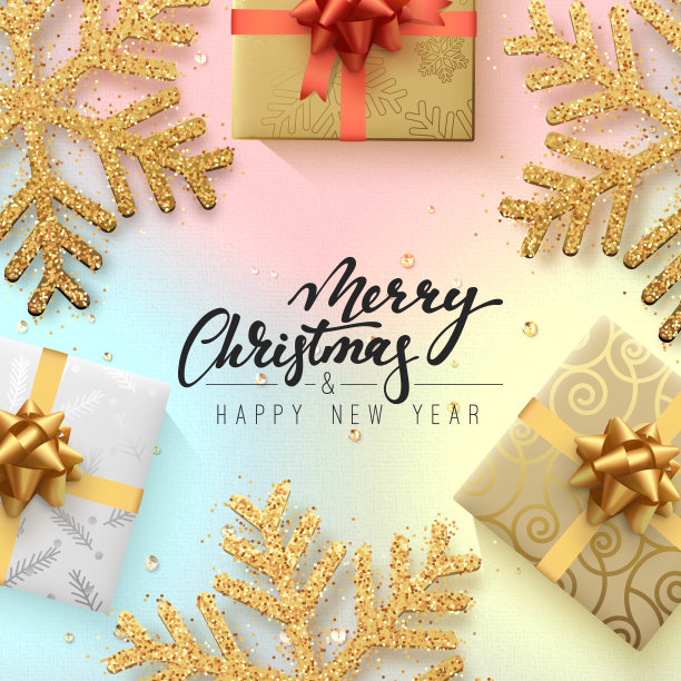 圣诞背景用闪闪发光的金色雪花和礼盒图片下载