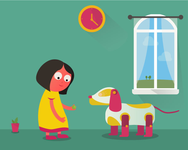 小女孩在家里玩机器狗玩具。图片下载