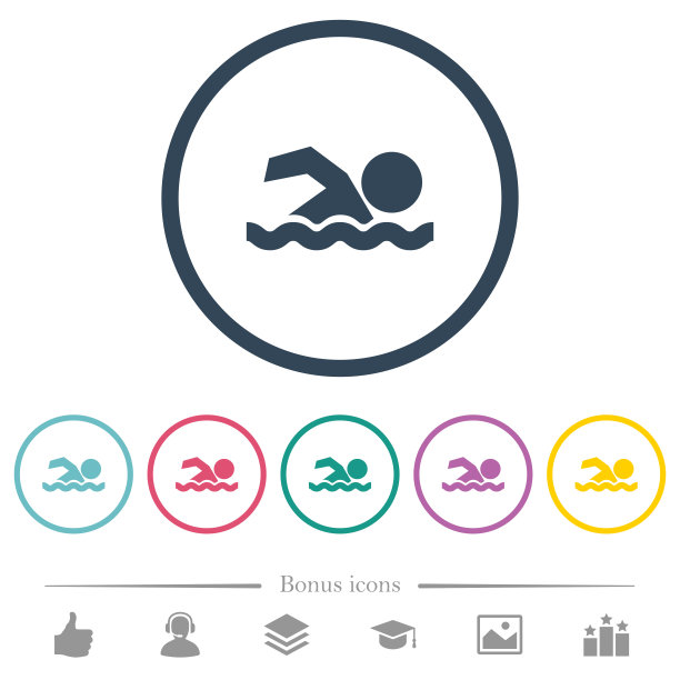 游泳男子平面颜色图标在圆形轮廓图片下载