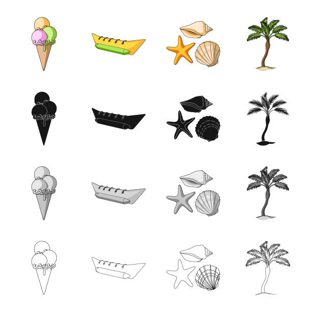 夏季休息卡通黑色单色轮廓图标的集合设计。海滩配件矢量符号股票网络插图。图片下载