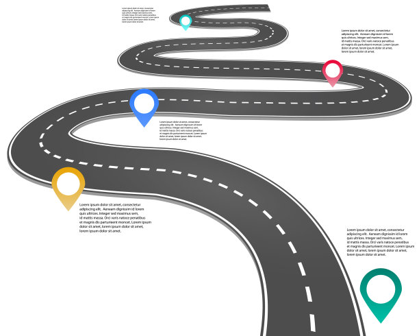 3d行程规划信息图，重要的转弯，道路交通，旅行导航插图，为旅行者与大头针的道路停止或特殊地点。图片下载