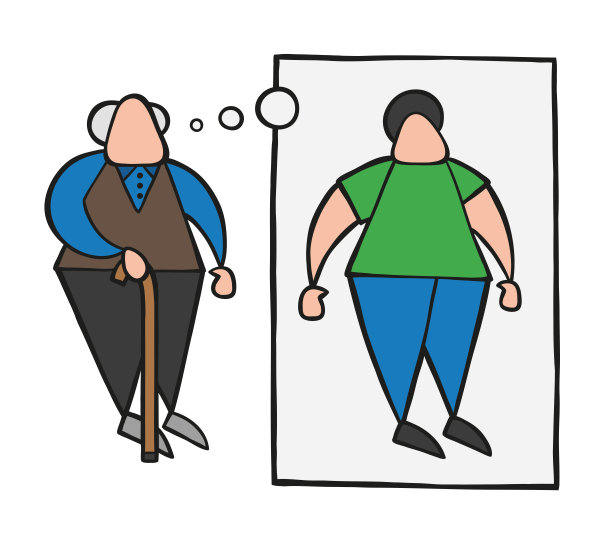 矢量卡通老人站在木头拐杖和梦想或思考他的青春与思想泡沫图片下载