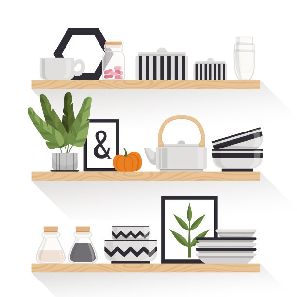 时尚的陶器，植物和图片在木架子上的斯堪的纳维亚风格。内部的元素。矢量图图片下载