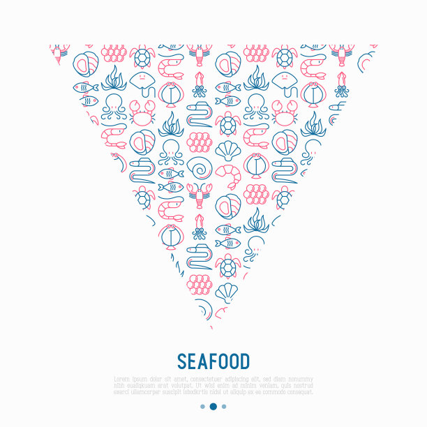 海鲜概念在三角形与细线图标:龙虾，鱼，虾，章鱼，牡蛎，鳗鱼，海藻，螃蟹，坡道，海龟。现代矢量插图餐厅菜单。图片下载