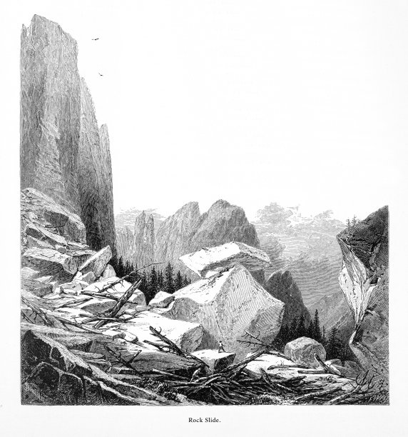 加州内华达山脉约塞米蒂国家公园约塞米蒂山谷哨兵岩的岩石滑坡，美国维多利亚雕刻，1872年图片下载