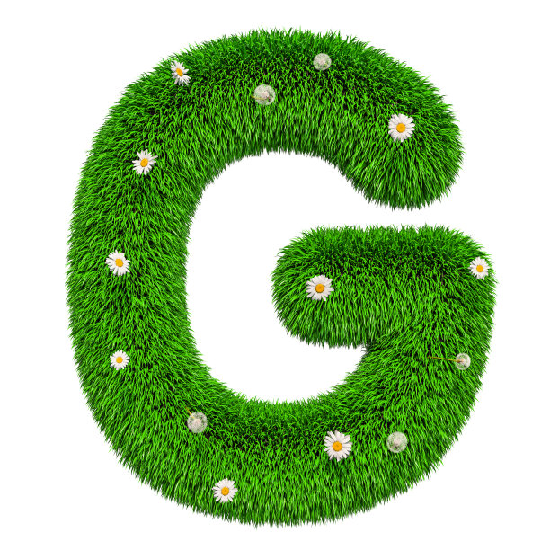 绿色字母G从草和花，3D渲染孤立在白色背景图片下载